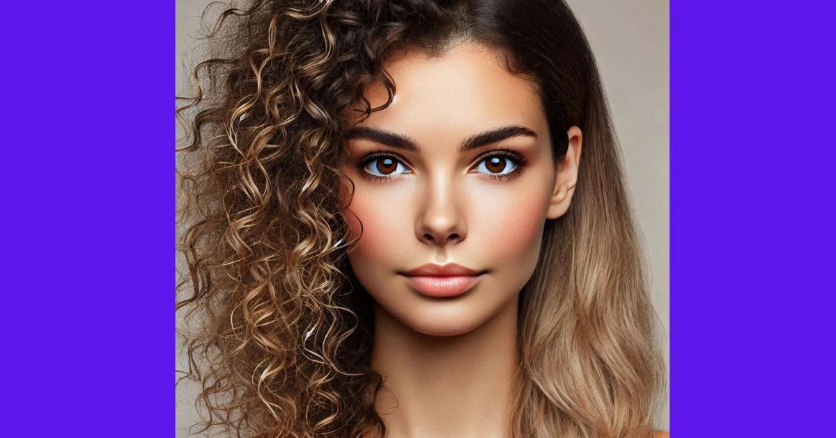 Realistic image of a woman with shoulder-length hair. One side is curly and voluminous, while the other side is straight and sleek. This showcases the keyword "Why Your Hair Is Curly and Straight".